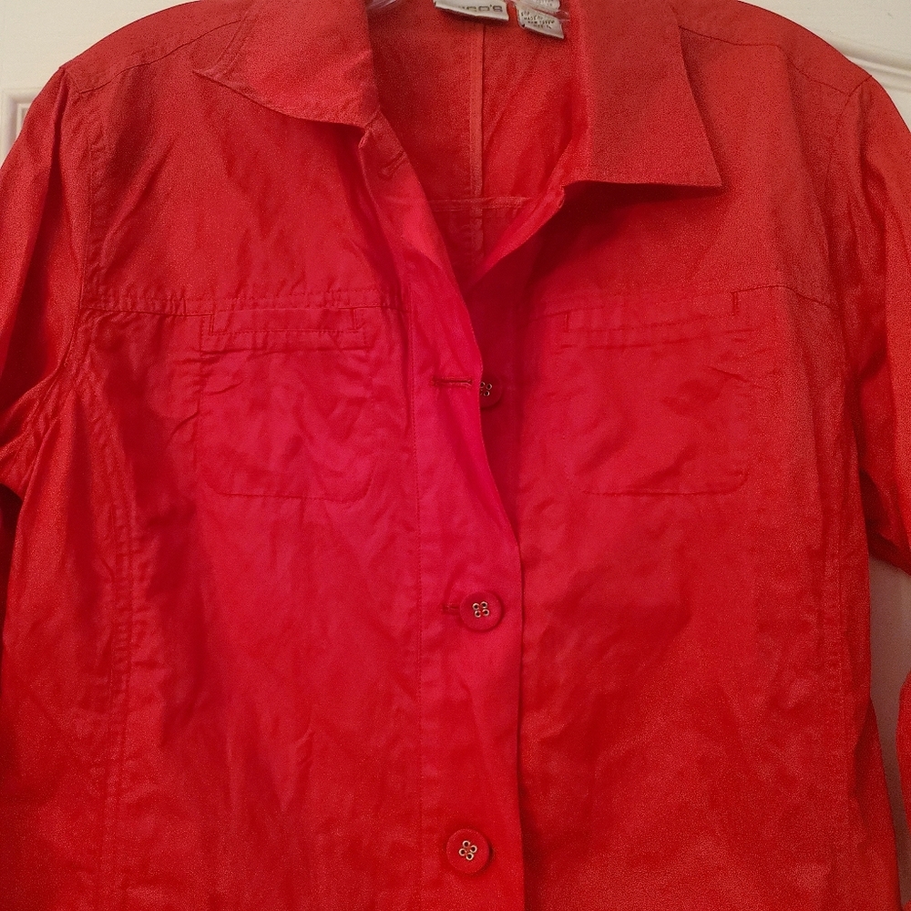 Chicos Solid Red 3/4 sleeve Cotton Nylon Jacket Size 1 - Picture 4 of 6